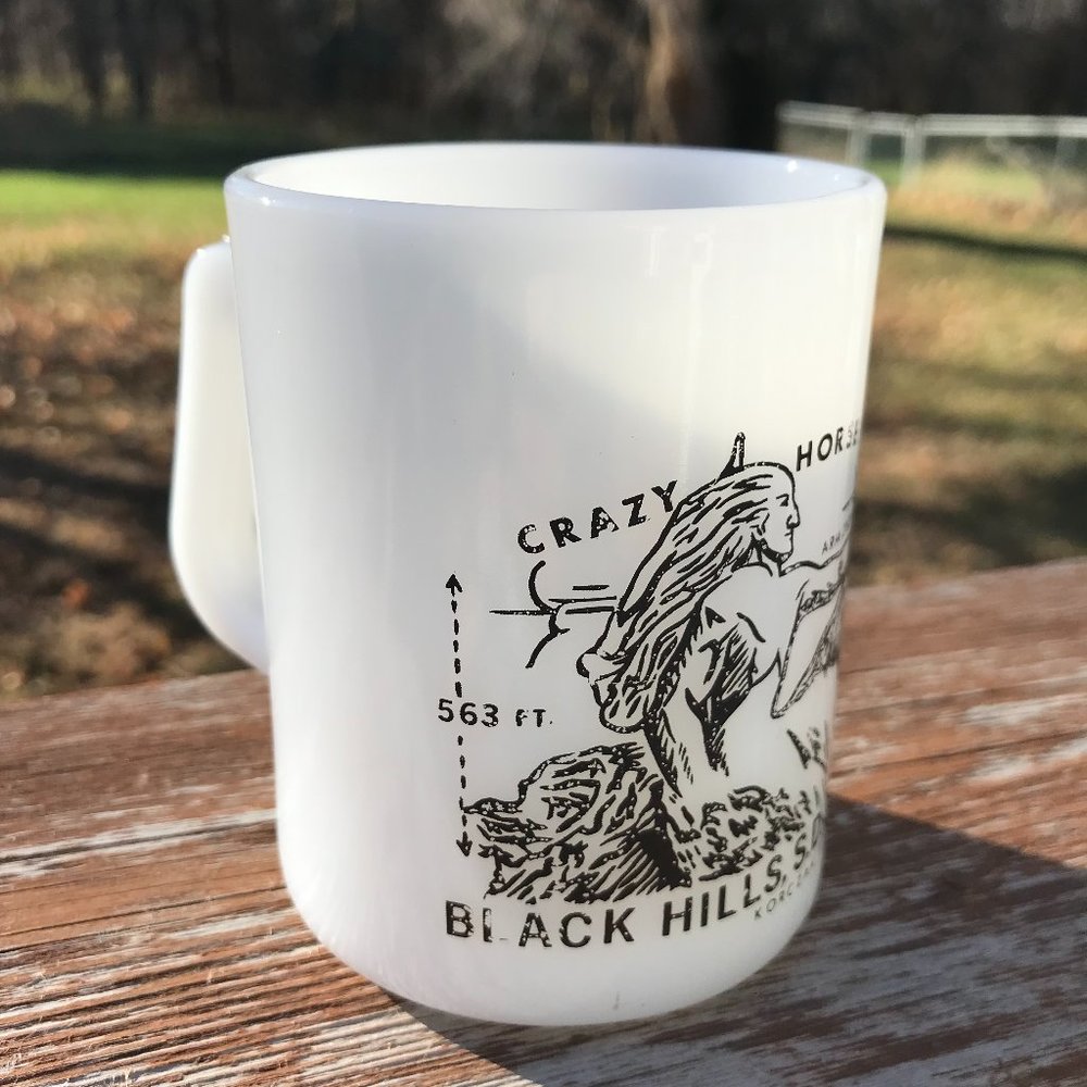 Milk Glass VTG Mug Crazy Horse Mtn. Black Hills, S.D. - Souvenir "F" Shield USA